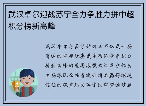 武汉卓尔迎战苏宁全力争胜力拼中超积分榜新高峰